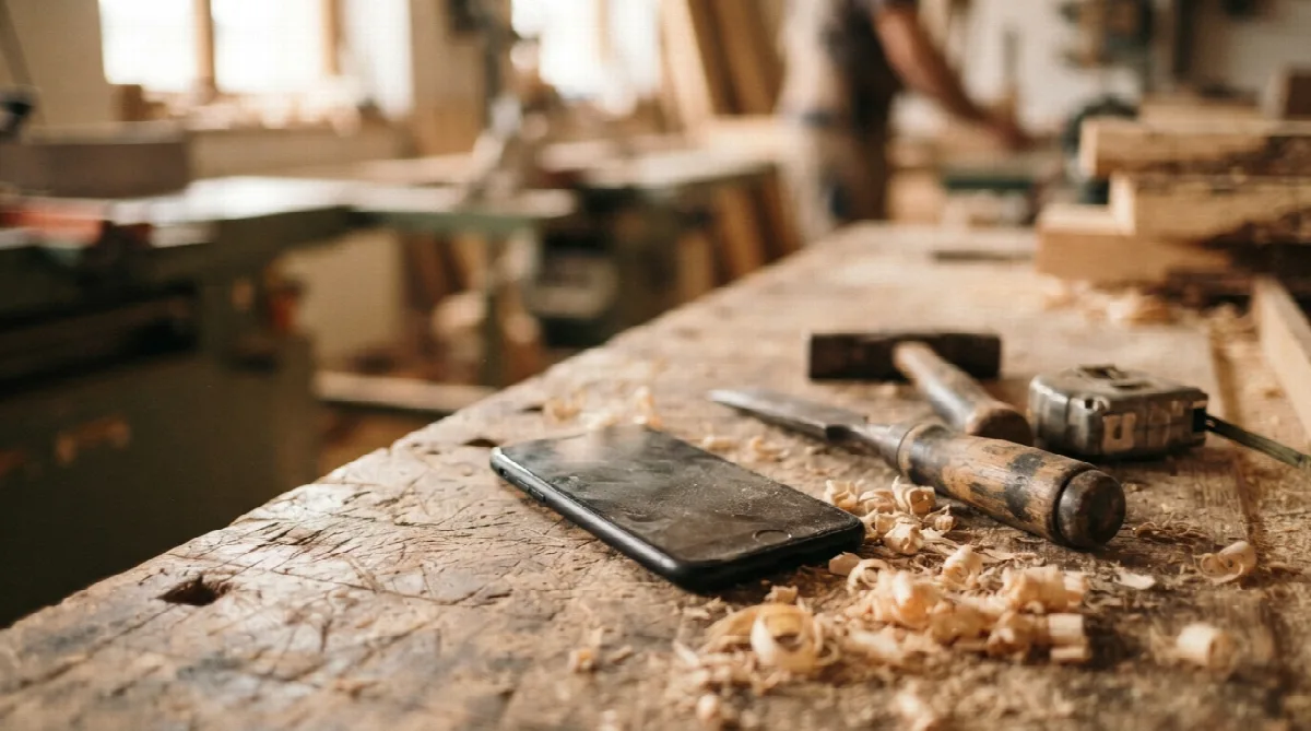 Mobilní telefon ležící na pracovním stole v dílně vedle nářadí