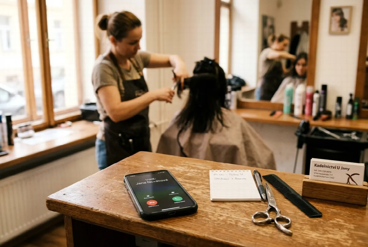 Mobilní telefon ležící na pultu v kadeřnictví